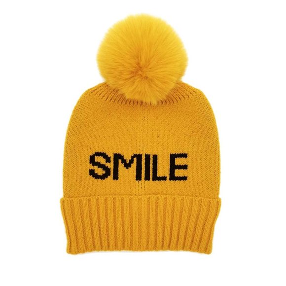 NEW Cute Smile Logo Graphic Faux Fur Pom Pom Cozy  Knit Beanie Hat Ivory Mustard - Picture 5 of 7